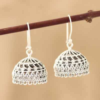 Sterling silver dangle earrings, 'Intricate Jhumki' - Openwork Sterling Silver Jhumki Dangle Earrings from India