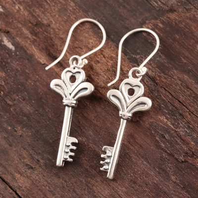 Sterling silver dangle earrings, 'Powerful Keys' - Sterling Silver Key Dangle Earrings from India