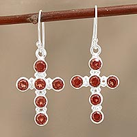Garnet dangle earrings, 'Celebrated Cross' - Garnet and Sterling Silver Cross Dangle Earrings