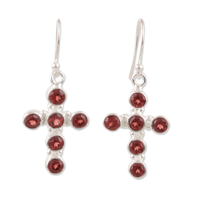 Garnet dangle earrings, 'Celebrated Cross' - Garnet and Sterling Silver Cross Dangle Earrings