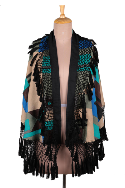 Fringed wool wrap, 'Geometric Flair' - Wool Wrap With Black Fringe from India