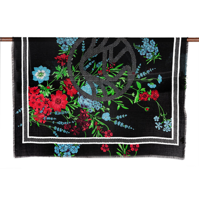 Scarf, 'Cerulean Flowers' - Screen Printed Modal Floral Scarf from India