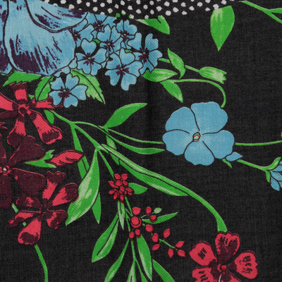 Scarf, 'Cerulean Flowers' - Screen Printed Modal Floral Scarf from India