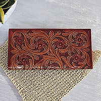 Leather wallet, 'Dancing Vines' - Floral Pattern Leather Wallet in Red from India
