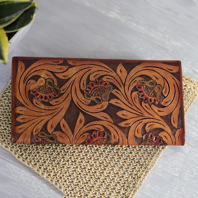 Billetera de cuero - Cartera de cuero con estampado floral en marrón Elaborada en la India