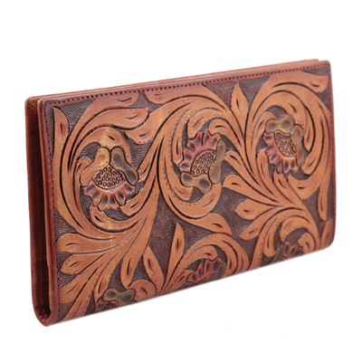 Leather wallet, 'Mughal Vines' - Floral Pattern Leather Wallet in Brown Crafted in India