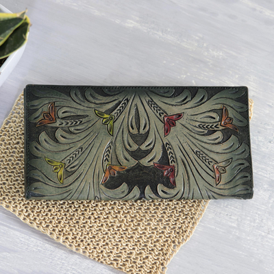 Billetera de cuero - Cartera de cuero verde con estampado floral elaborada en la India