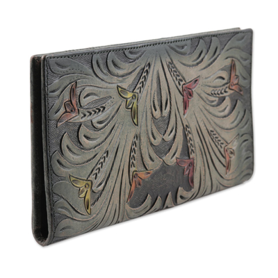 Leather wallet, 'Verdant Vines' - Floral Pattern Green Leather Wallet Crafted in India