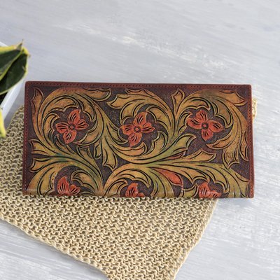 Billetera de cuero - Cartera de cuero con estampado floral hecha a mano en la India