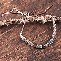 Rhodium plated labradorite beaded bracelet, 'Charming Beads' - Adjustable Rhodium Plated Labradorite Beaded Bracelet