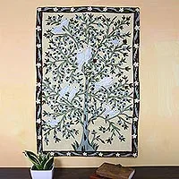 Bird-Themed Wool Chain Stitch Tapestry from India - Abode of Birds II