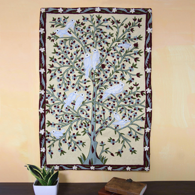 Wool chain stitch tapestry, Abode of Birds I