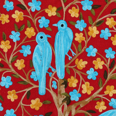 Wool chain stitch tapestry, 'Abode of Birds II' - Bird-Themed Wool Chain Stitch Tapestry from India