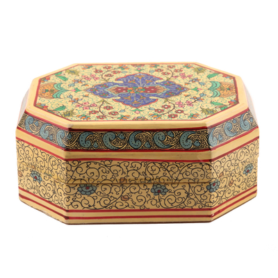 Decorative wood box, 'Persian Flower' - Hand Painted Floral Wood Box with Velvet Lining