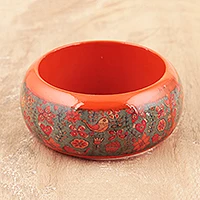 Wood bangle bracelet, 'Bird Garden' - Bird Motif Haldu Wood Bangle Bracelet Crafted in India