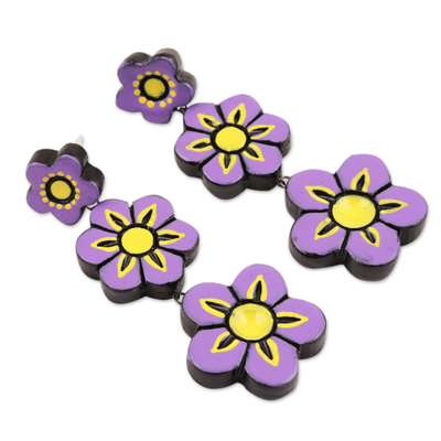 Ceramic dangle earrings, 'Lavender Trio' - Artisan Crafted Floral Ceramic Dangle Earrings from India