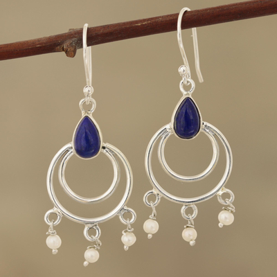 Lapis lazuli and cultured pearl dangle earrings, 'Royal Aesthetic' - Lapis Lazuli and Cultured Pearl Dangle Earrings from India