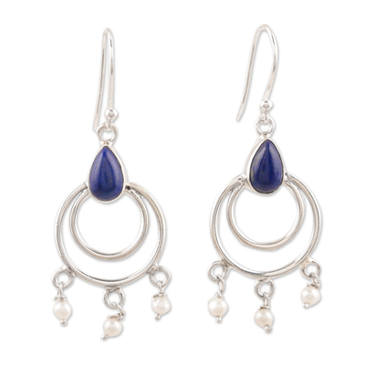 Lapis Lazuli and Cultured Pearl Dangle Earrings from India