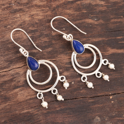 Lapis lazuli and cultured pearl dangle earrings, 'Royal Aesthetic' - Lapis Lazuli and Cultured Pearl Dangle Earrings from India