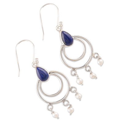 Pendientes colgantes de lapislázuli y perlas cultivadas, 'Royal Aesthetic' - Pendientes colgantes de lapislázuli y perlas cultivadas de la India