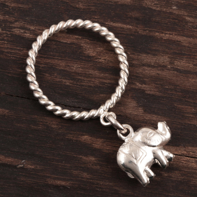 Sterling silver charm ring, 'Elephant Rope' - Sterling Silver Band Ring with Elephant Charm from India