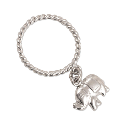 Sterling silver charm ring, 'Elephant Rope' - Sterling Silver Band Ring with Elephant Charm from India
