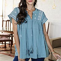 Hand Embroidered Teal Cotton Blouse,'Casual Charm'