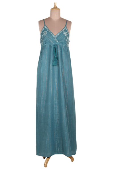 Embroidered cotton maxi dress, 'Seaside Flowers' - Embroidered Teal Cotton Sundress from India