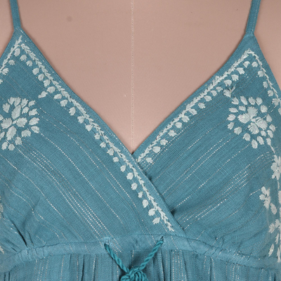 Vestido largo de algodón bordado - Vestido veraniego de algodón verde azulado bordado de India