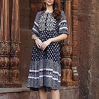 Embroidered viscose dress, 'Bohemian Charm' - Mixed Print Dark Blue Midi Dress from India