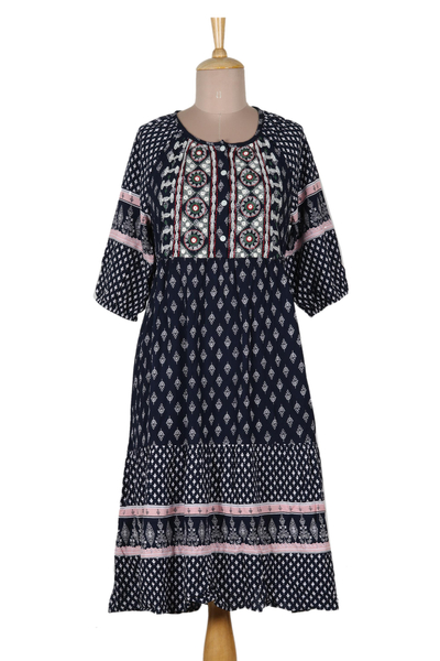 Mixed Print Dark Blue Midi Dress from India - Bohemian Charm | NOVICA