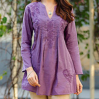 Hand Embroidered Lilac Cotton Tunic from India,'Lilac Garden'