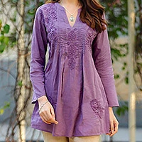 Embroidered cotton long tunic, 'Lilac Garden' - Hand Embroidered Lilac Cotton Tunic from India