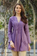 Embroidered cotton long tunic, 'Lilac Garden' - Hand Embroidered Lilac Cotton Tunic from India