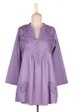 Embroidered cotton long tunic, 'Lilac Garden' - Hand Embroidered Lilac Cotton Tunic from India