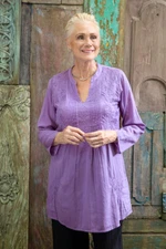 Embroidered cotton long tunic, 'Lilac Garden' - Hand Embroidered Lilac Cotton Tunic from India