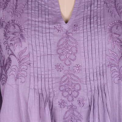 Embroidered cotton long tunic, 'Lilac Garden' - Hand Embroidered Lilac Cotton Tunic from India