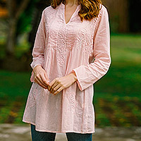Embroidered cotton long tunic, Spring Rose