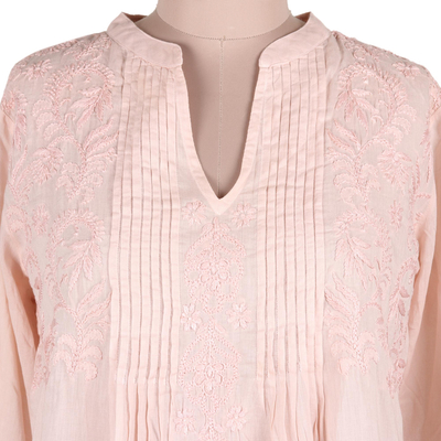 Embroidered cotton long tunic, 'Spring Rose' - Hand Embroidered Pink Cotton Tunic from India