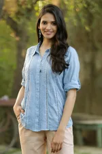 Embroidered cotton blouse, 'Elegant in Sky Blue' - Artisan Designed Sky Blue Embroidered Cotton Blouse