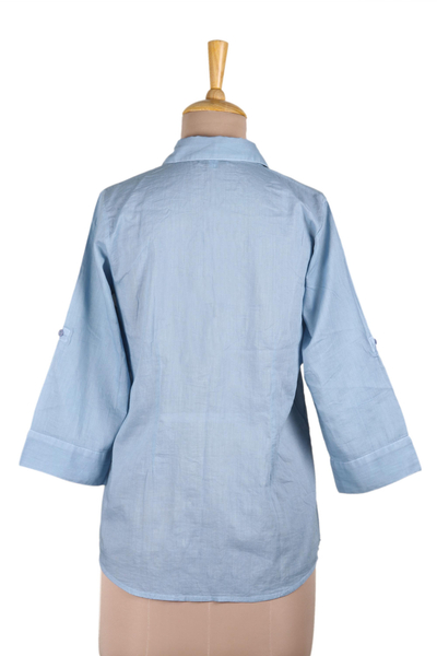 Embroidered cotton blouse, 'Elegant in Sky Blue' - Artisan Designed Sky Blue Embroidered Cotton Blouse
