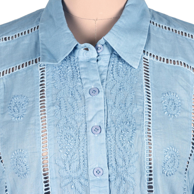 Embroidered cotton blouse, 'Elegant in Sky Blue' - Artisan Designed Sky Blue Embroidered Cotton Blouse