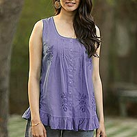 Embroidered cotton blouse, 'Violet Flowers' - Sleeveless Embroidered Cotton Blouse from India