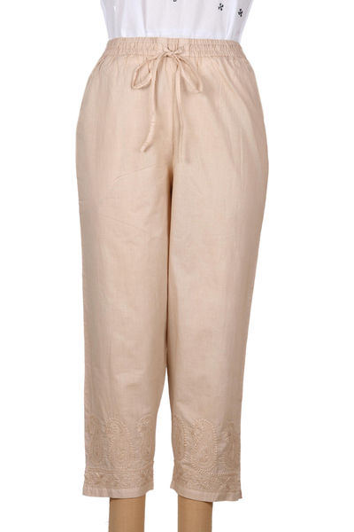 Cotton cropped pants, 'Paisley Days' - All Cotton Embroidered Cropped Pants with Drawstring Waist