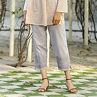 Grey Indian Cotton Cropped Pants with Embroidered Detail,'Paisley Greys'