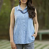 Sleeveless cotton embroidered top, 'Spring Festivity in Blue'