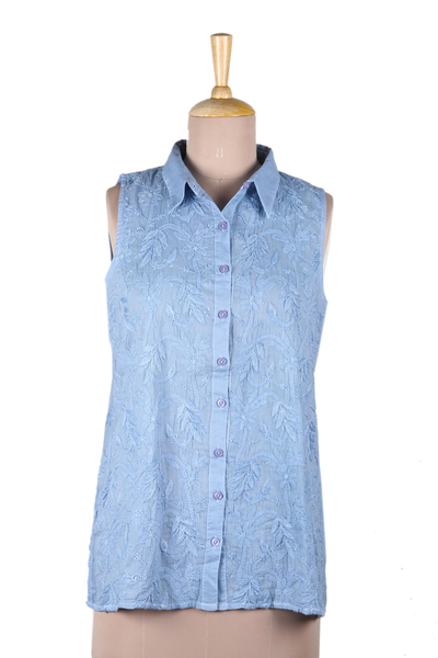 Sleeveless cotton embroidered top, 'Spring Festivity in Blue' - Sleeveless Blue Cotton Button Front Embroidered Blouse