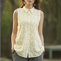 Sleeveless yellow cotton embroidered top, 'Spring Festivity' - Sleeveless Pale Yellow Cotton Top with Floral Embroidery