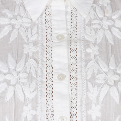 Embroidered cotton blouse, 'Lucknow Festivity' - Chikankari Embroidered White Button Front Blouse
