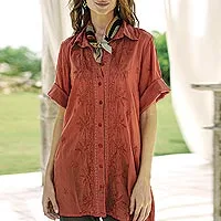 Embroidered cotton long shirt, 'Festive Terracotta'